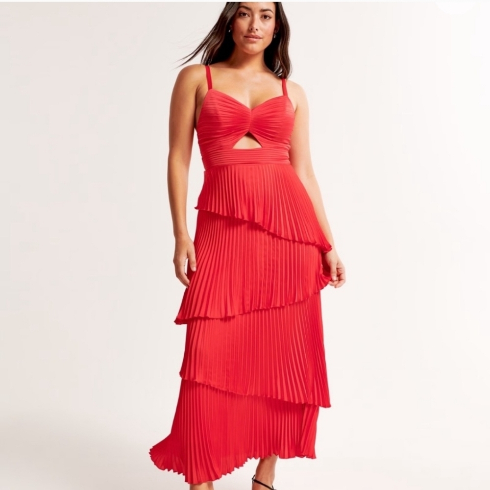 Abercrombie & Fitch The A&F Giselle Pleated Tiered Maxi Dress Red Satin Size XS
